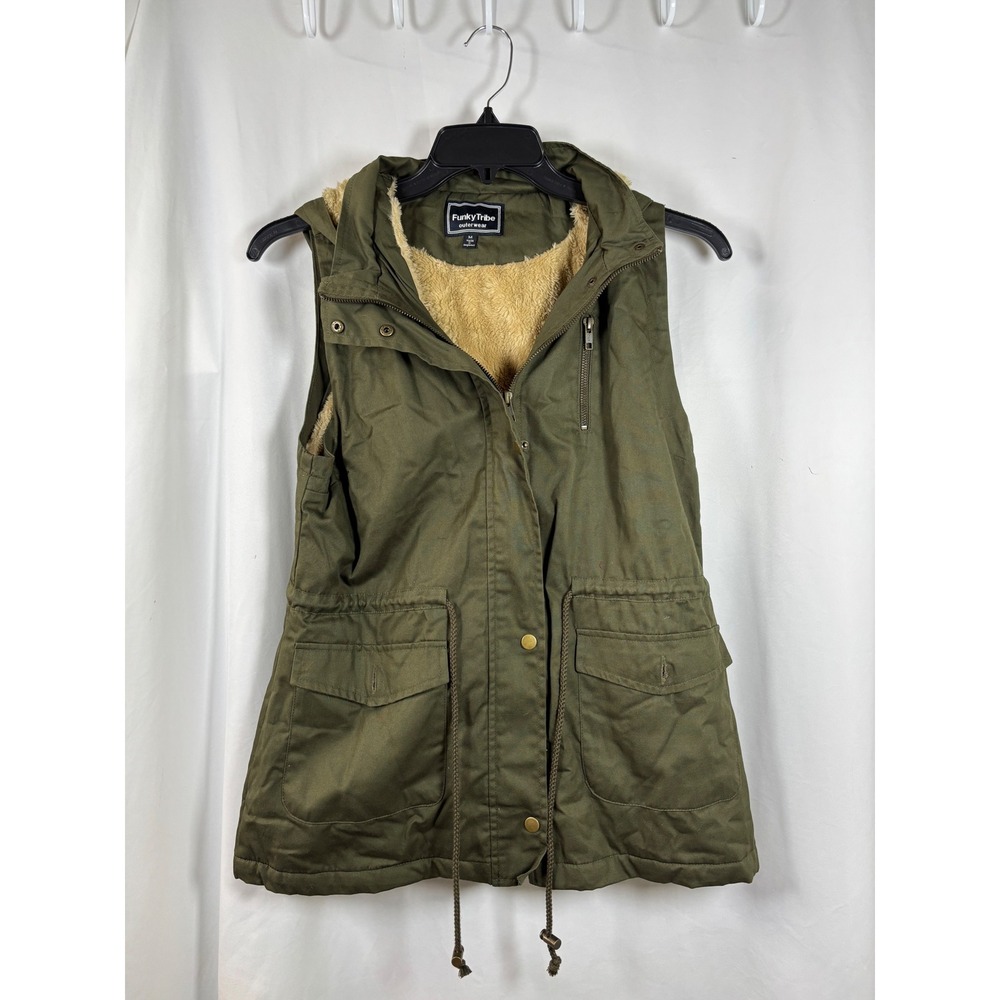 Funky Tribe Womens Olive Green Utility Vest Faux Fur Lined Hooded Medium M